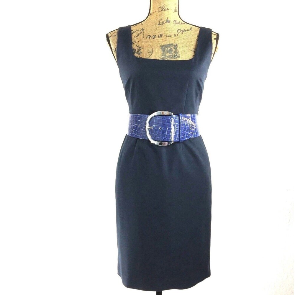 Tahari Dress 4 Navy Blue Square Neck XS‎ WHBM Wide Silver Buckle Purple Belt